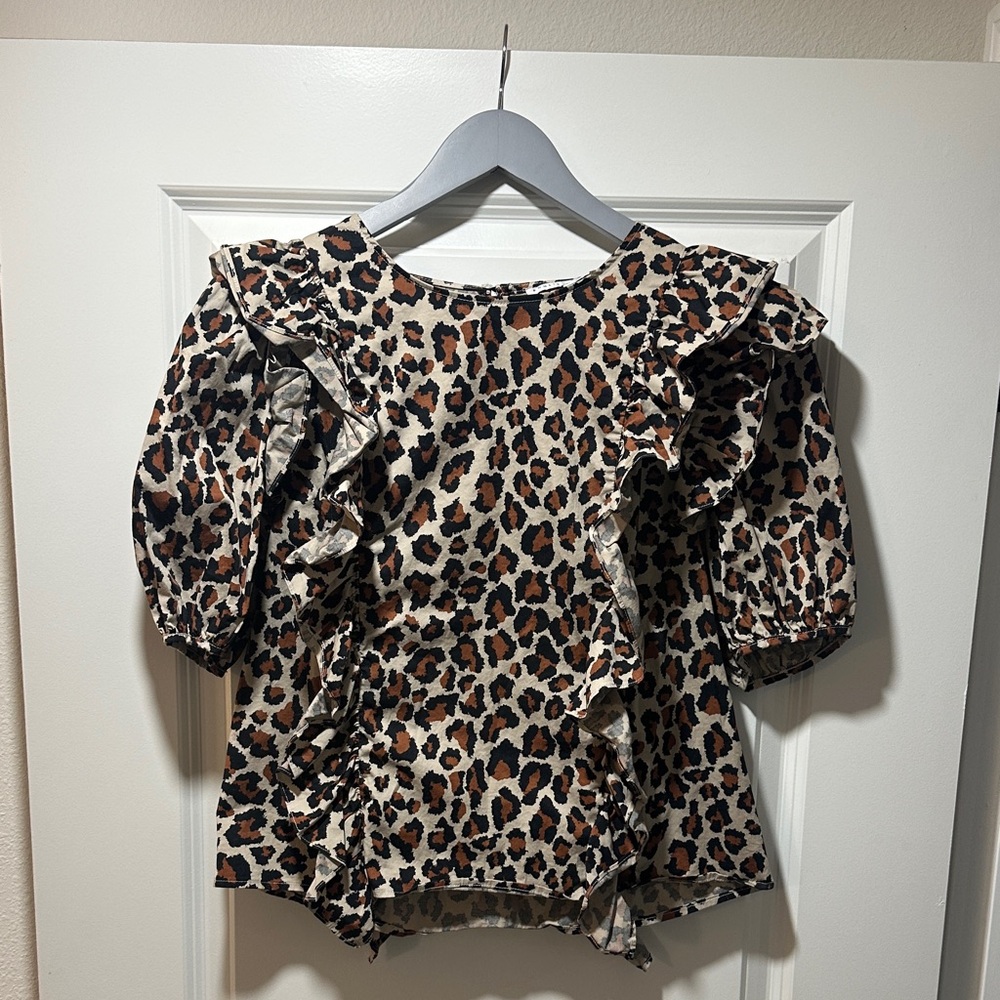 English Factory Animal Print Ruffle Blouse